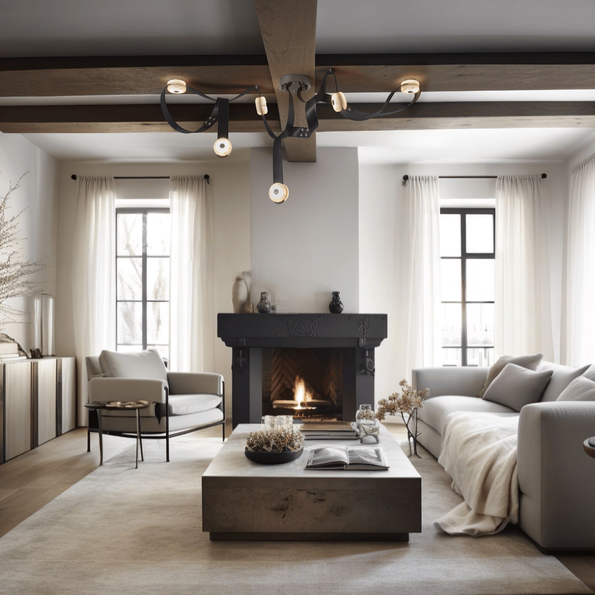 Black leather Clérachic Leather Strap Chandelier under oak ceiling beams in a pale living room with a dark fireplace.