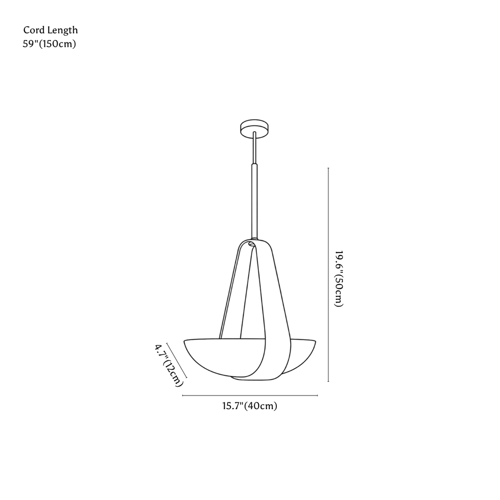 Clérachic pendant light dimension drawing, 1 of 2, every measurement marked in centimetres and inches.