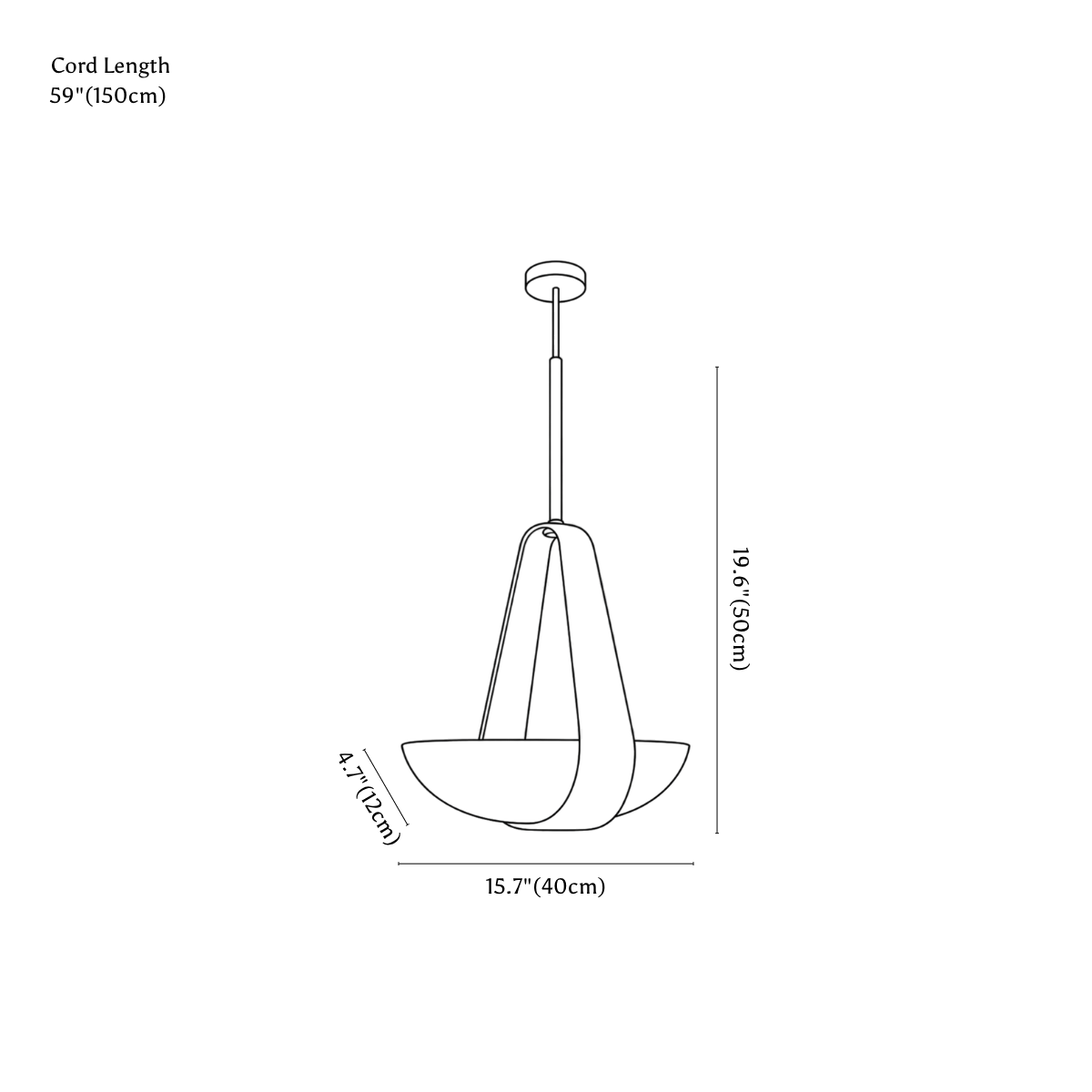 Clérachic pendant light dimension drawing, 1 of 2, every measurement marked in centimetres and inches.
