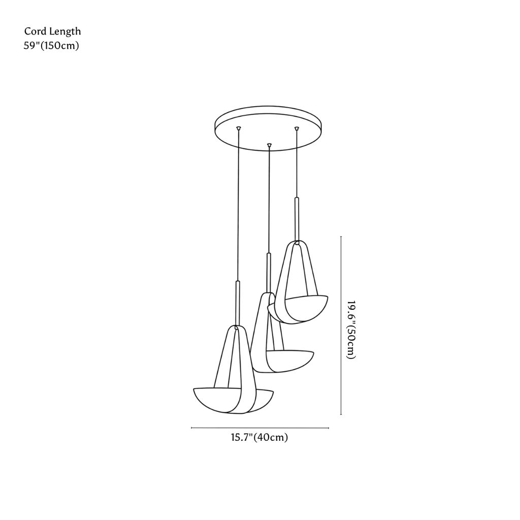 Clérachic pendant light dimension drawing, 2, every measurement marked in centimetres and inches.