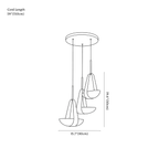Clérachic pendant light dimension drawing, 2, every measurement marked in centimetres and inches.