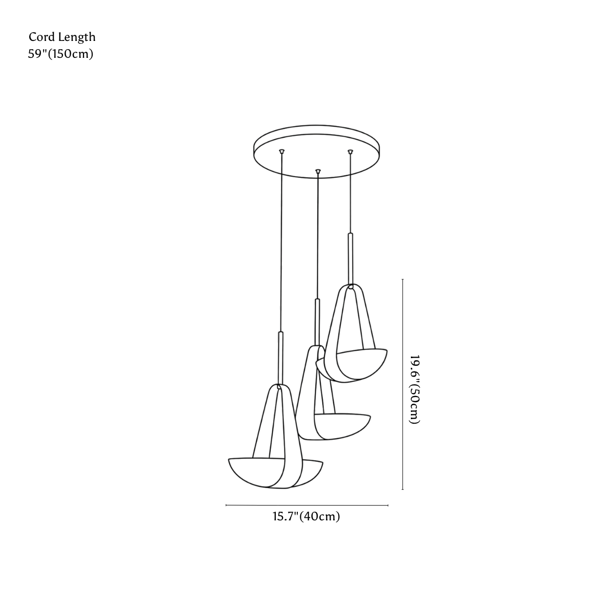 Clérachic pendant light dimension drawing, 2, every measurement marked in centimetres and inches.