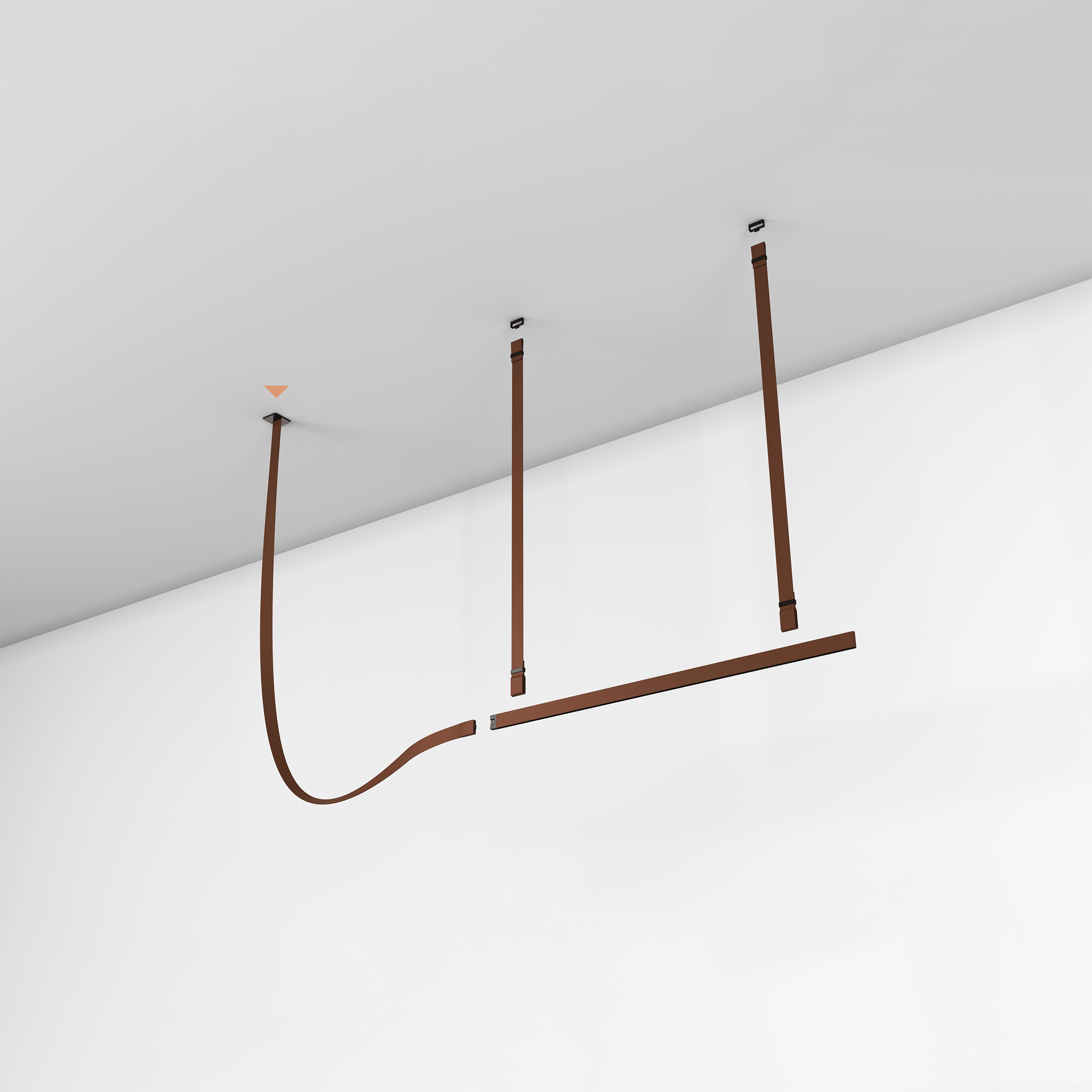 Rust-brown strap pendant mounted on a white ceiling and wall, its light bar hung from leather straps, from Clérachic.