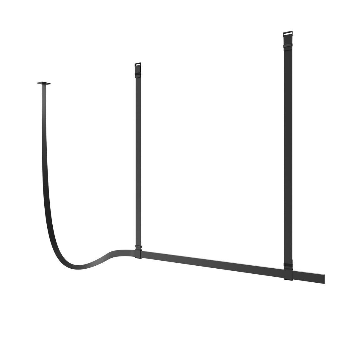 Black leather strap pendant on a white backdrop, its long strap curving down into a horizontal light bar, from Clérachic.