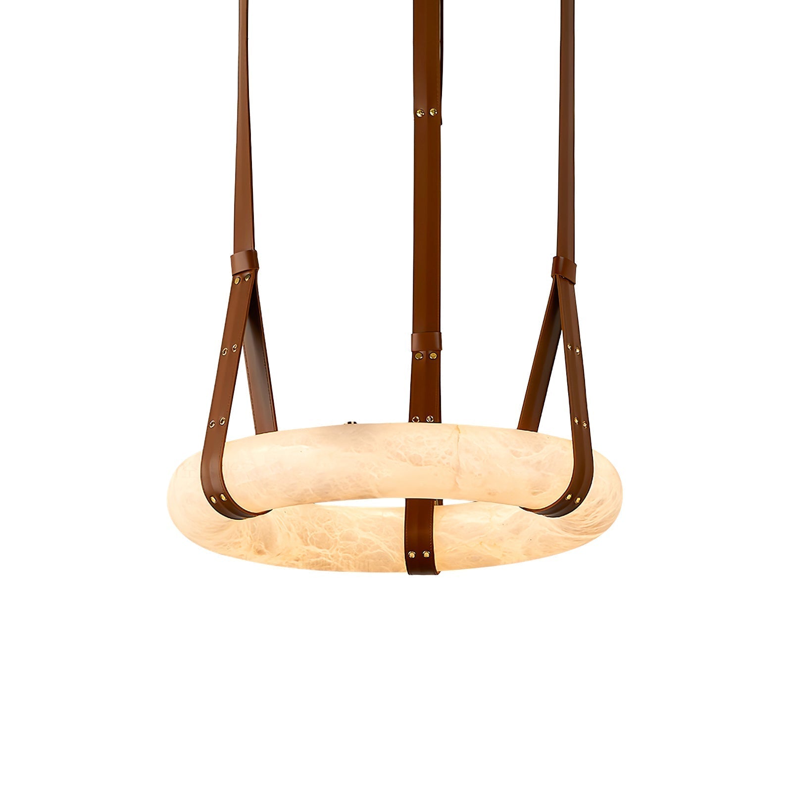 Clérachic's leather-strap ring chandelier seen close up, brown belts riveted in brass cradling the glowing alabaster ring.