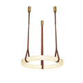 The Clérachic ring chandelier shown in full with three brass canopies and tan cognac leather belts on a plain white background.