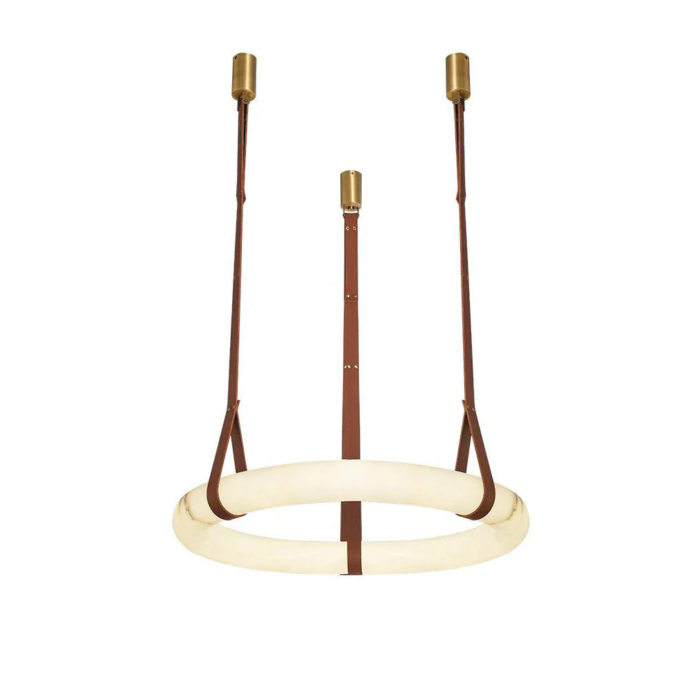 The Clérachic ring chandelier shown in full with three brass canopies and tan cognac leather belts on a plain white background.