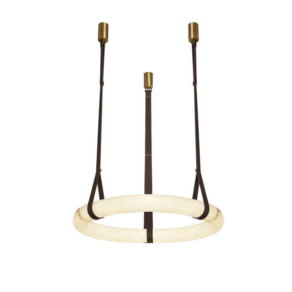 The Clérachic alabaster ring chandelier in its dark chocolate leather finish, three belts rising to slim brass ceiling canopies.
