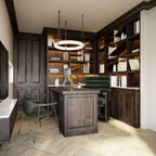 Warm light from the Clérachic alabaster ring chandelier over a walnut desk in a dark panelled home study with lit shelving.