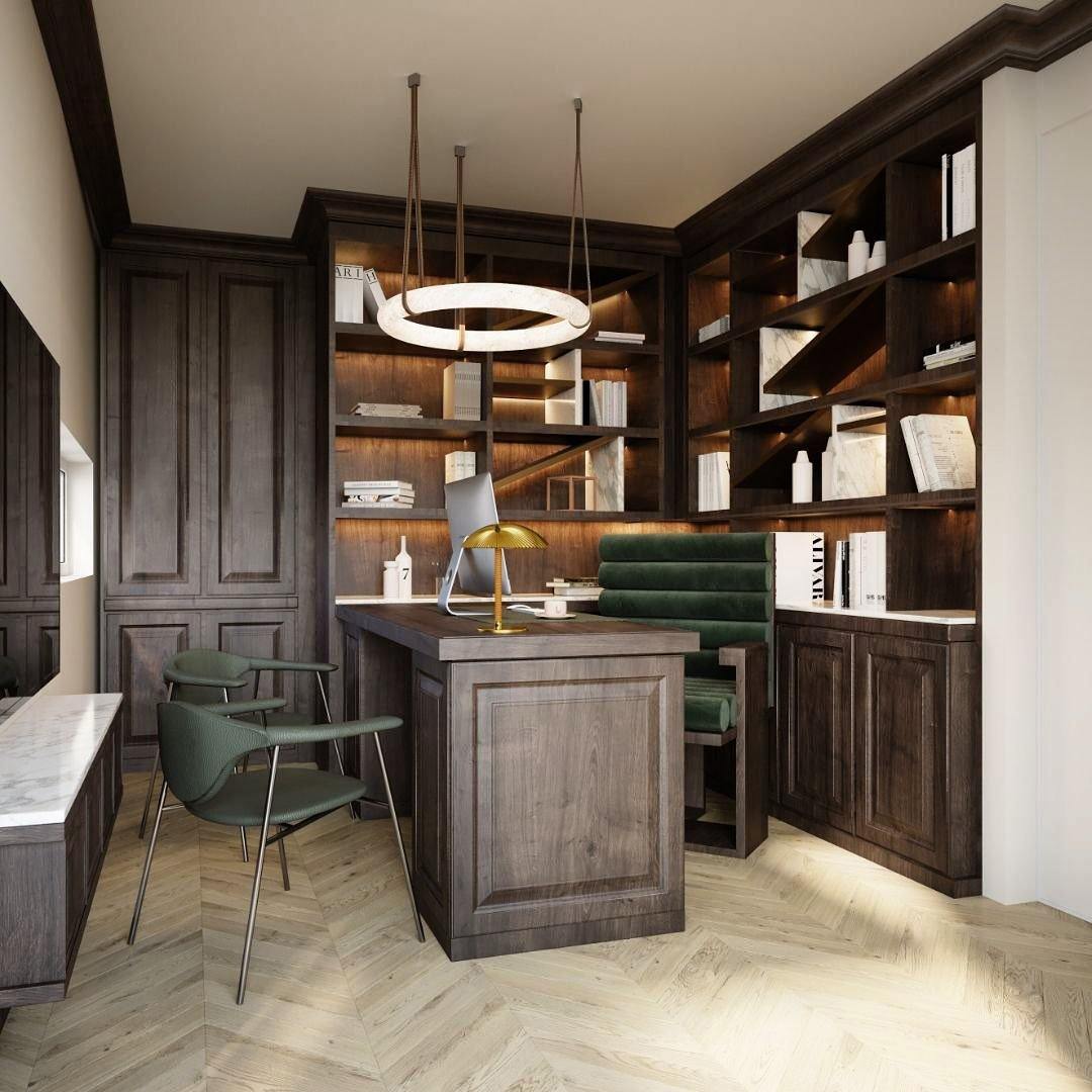Warm light from the Clérachic alabaster ring chandelier over a walnut desk in a dark panelled home study with lit shelving.