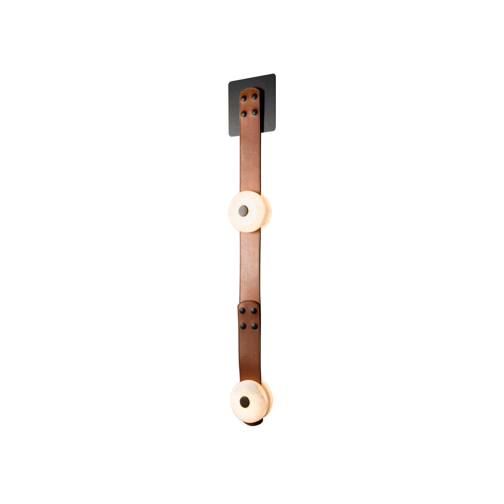 Clérachic Leather Strap Wall Sconce cut out on white, the two-head cognac strap unlit below a black wall plate.