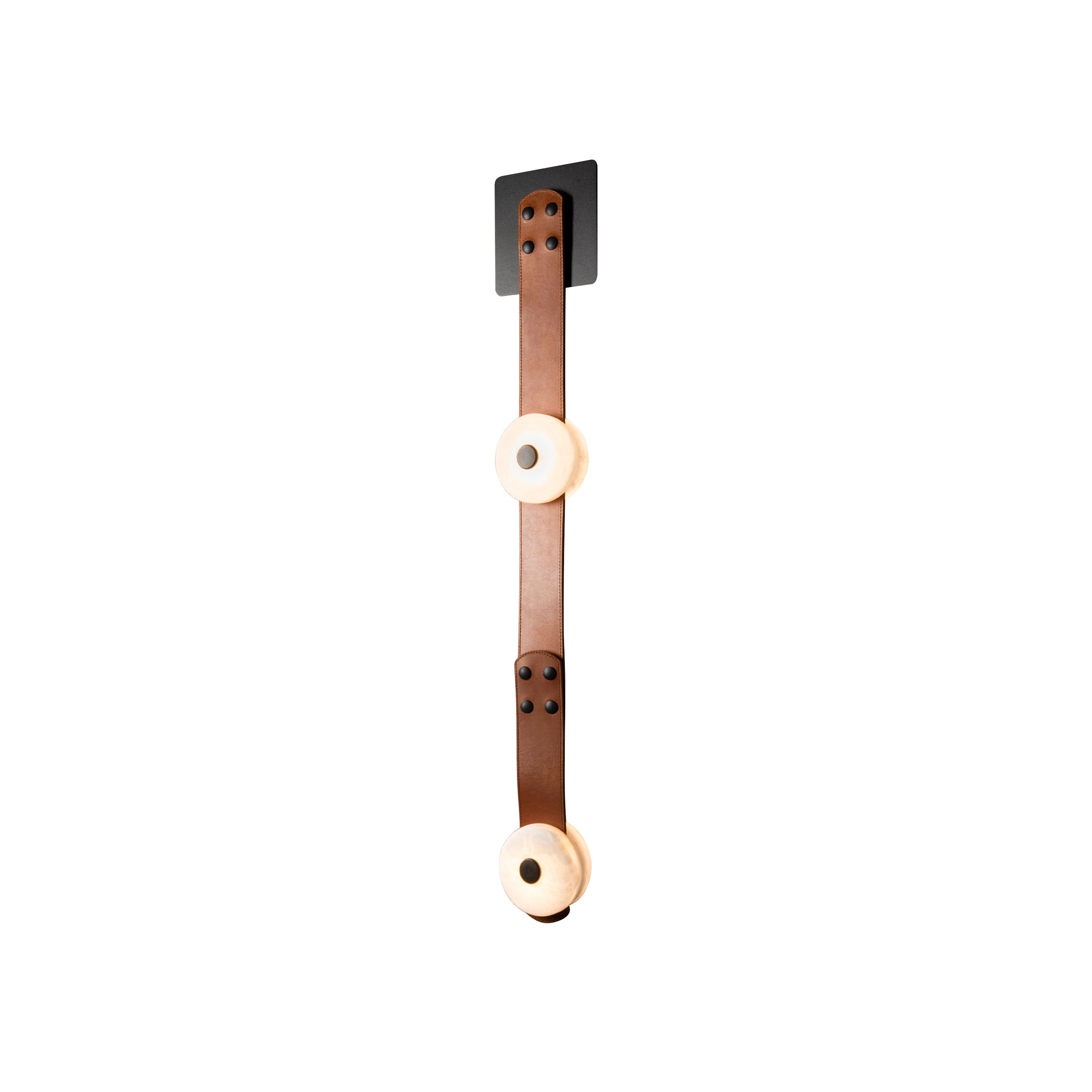 Clérachic Leather Strap Wall Sconce cut out on white, the two-head cognac strap unlit below a black wall plate.