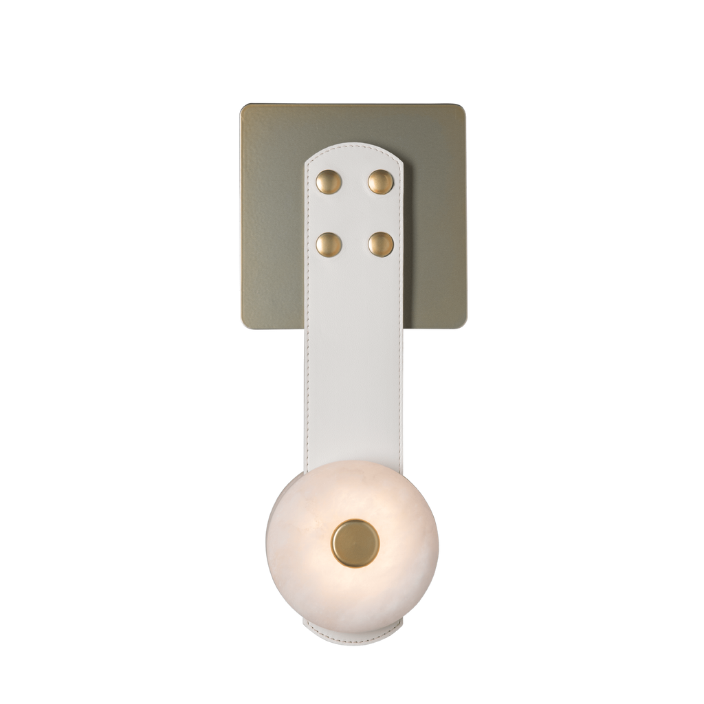 The Clérachic Leather Strap Wall Sconce shown front on against white, white leather strap and brass plate with four rivets.