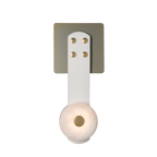 The Clérachic Leather Strap Wall Sconce shown front on against white, white leather strap and brass plate with four rivets.