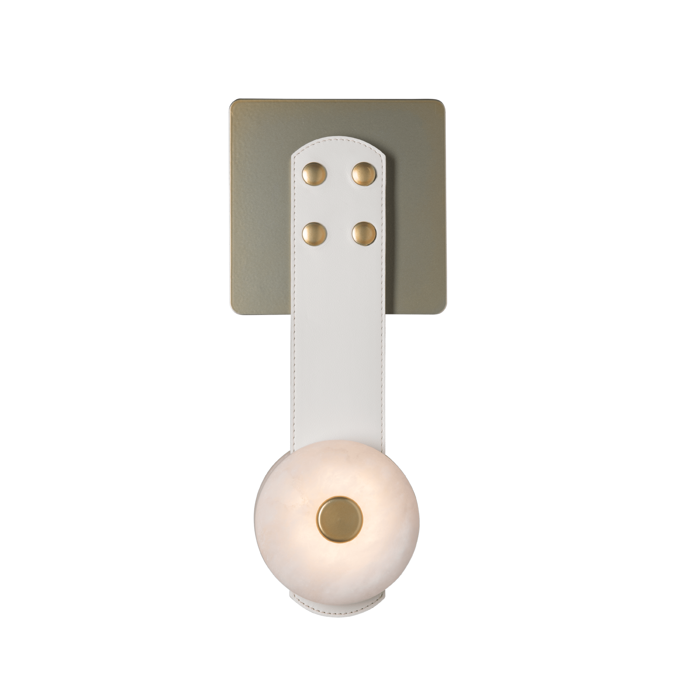 The Clérachic Leather Strap Wall Sconce shown front on against white, white leather strap and brass plate with four rivets.
