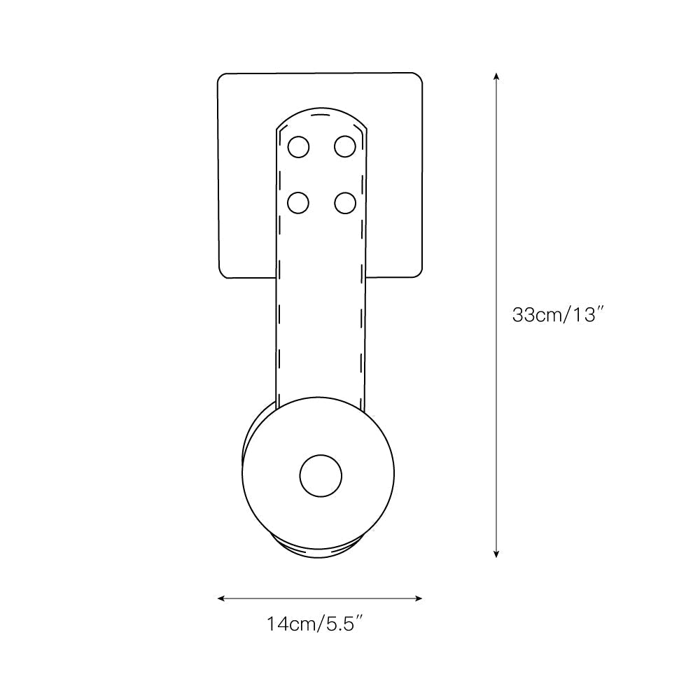 Dimension drawing for the short one-head Clérachic Leather Strap Wall Sconce, 14cm/5.5″ wide and 33cm/13″ high.