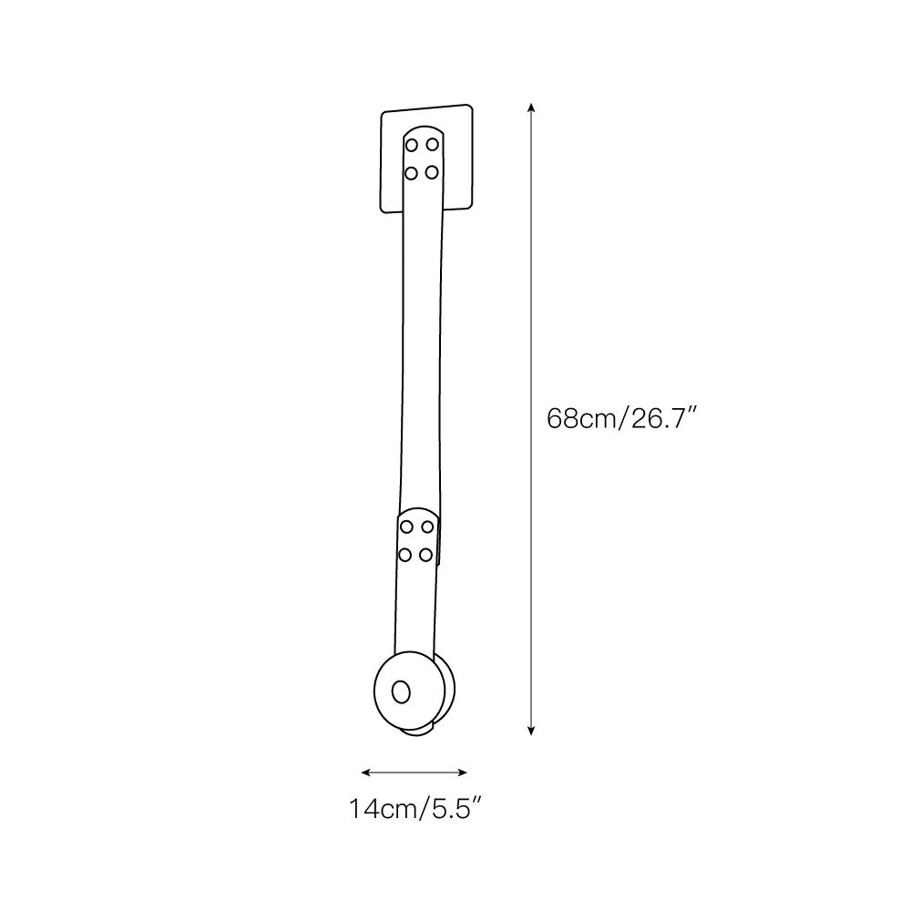 Dimension drawing for the long one-head Clérachic Leather Strap Wall Sconce, 14cm/5.5″ wide and 68cm/26.7″ high.