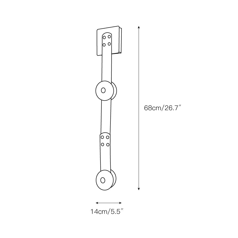 Dimension drawing for the two-head Clérachic Leather Strap Wall Sconce, 14cm/5.5″ wide and 68cm/26.7″ high.