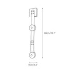 Dimension drawing for the two-head Clérachic Leather Strap Wall Sconce, 14cm/5.5″ wide and 68cm/26.7″ high.