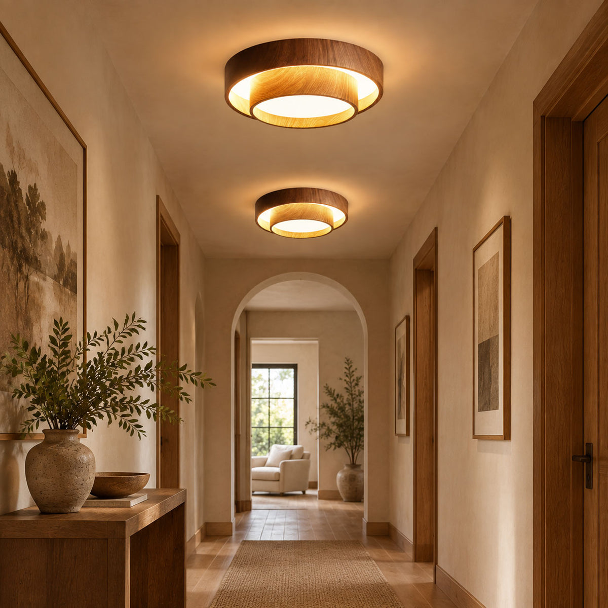 Two Clérachic wood-grain ceiling lights glowing along a warm hallway with an arched doorway, a stone vase of foliage and a wooden console.
