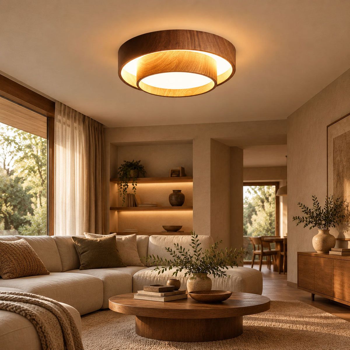 Walnut wood-grain Clérachic ceiling light lit warm above a living room with a cream sectional sofa and a round wooden coffee table.