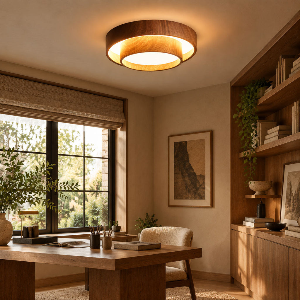 A Clérachic wood-grain ceiling light above a home office with a wooden desk, a window with a woven blind and built-in shelves of books.