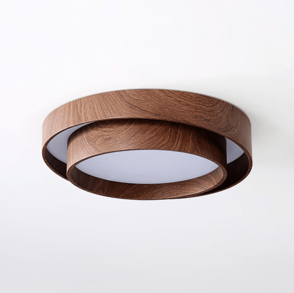 Clérachic ceiling light on a white backdrop, with its upper wood-grain ring and a smaller lower ring around a white diffuser.