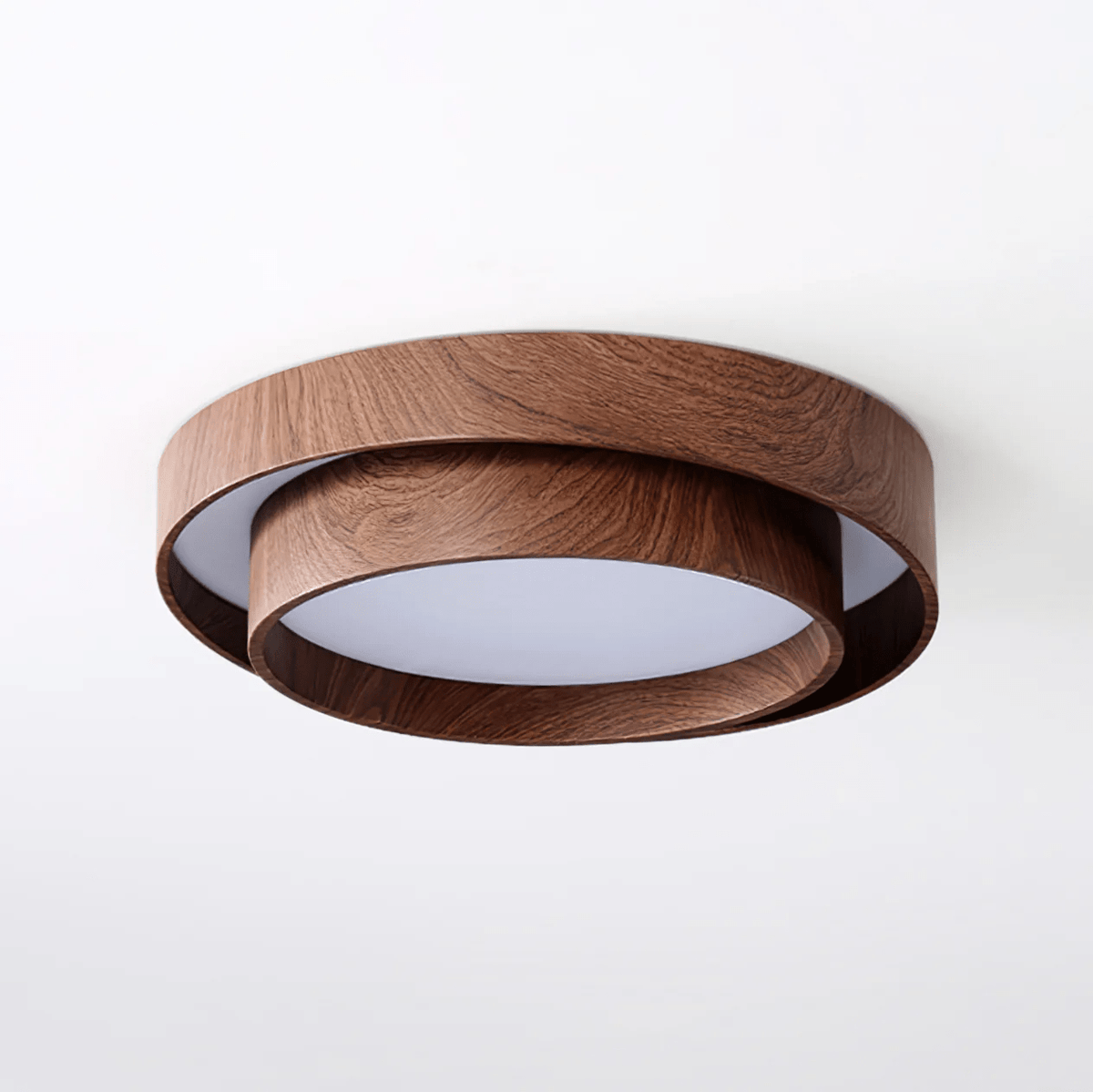 Clérachic ceiling light on a white backdrop, with its upper wood-grain ring and a smaller lower ring around a white diffuser.