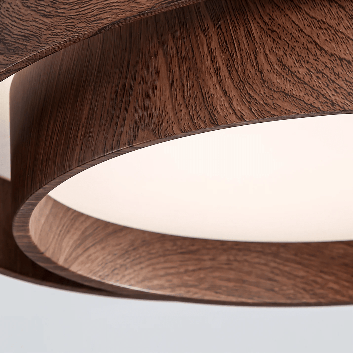 Close view of the layered wood-grain rings of this Clérachic ceiling light, with the matt white diffuser seen from below.