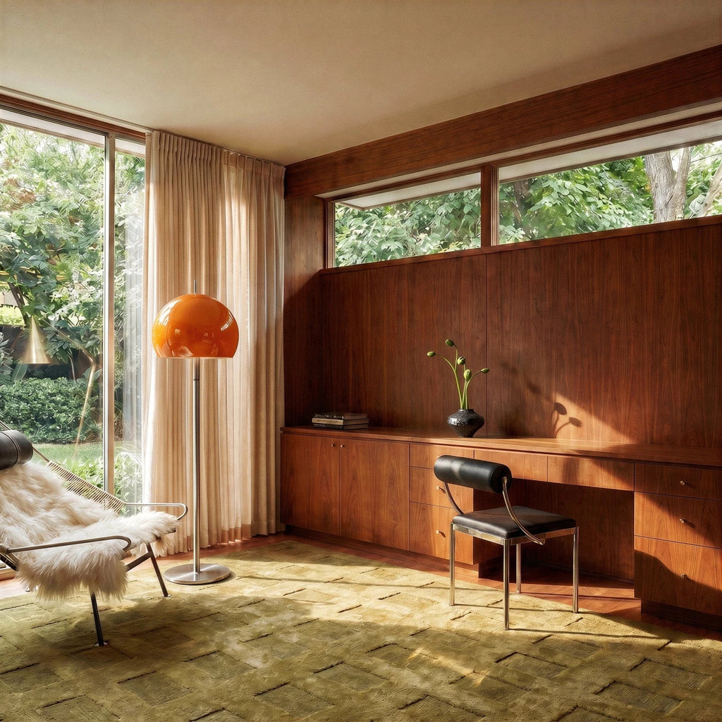 Clérachic floor lamp with an orange glass dome by a sheer curtain and a tall window in a walnut-panelled room.