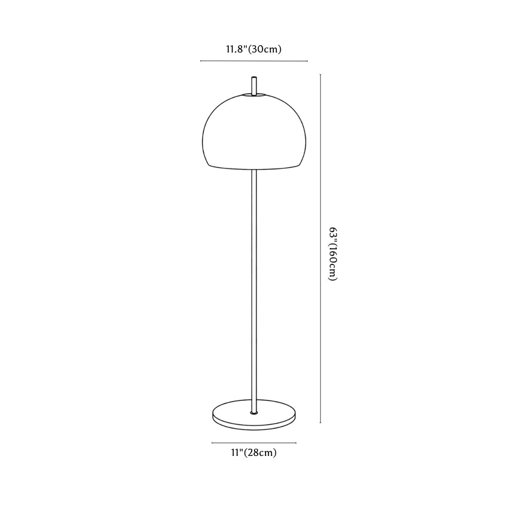 Clérachic floor lamp dimension drawing, every measurement marked in centimetres and inches.