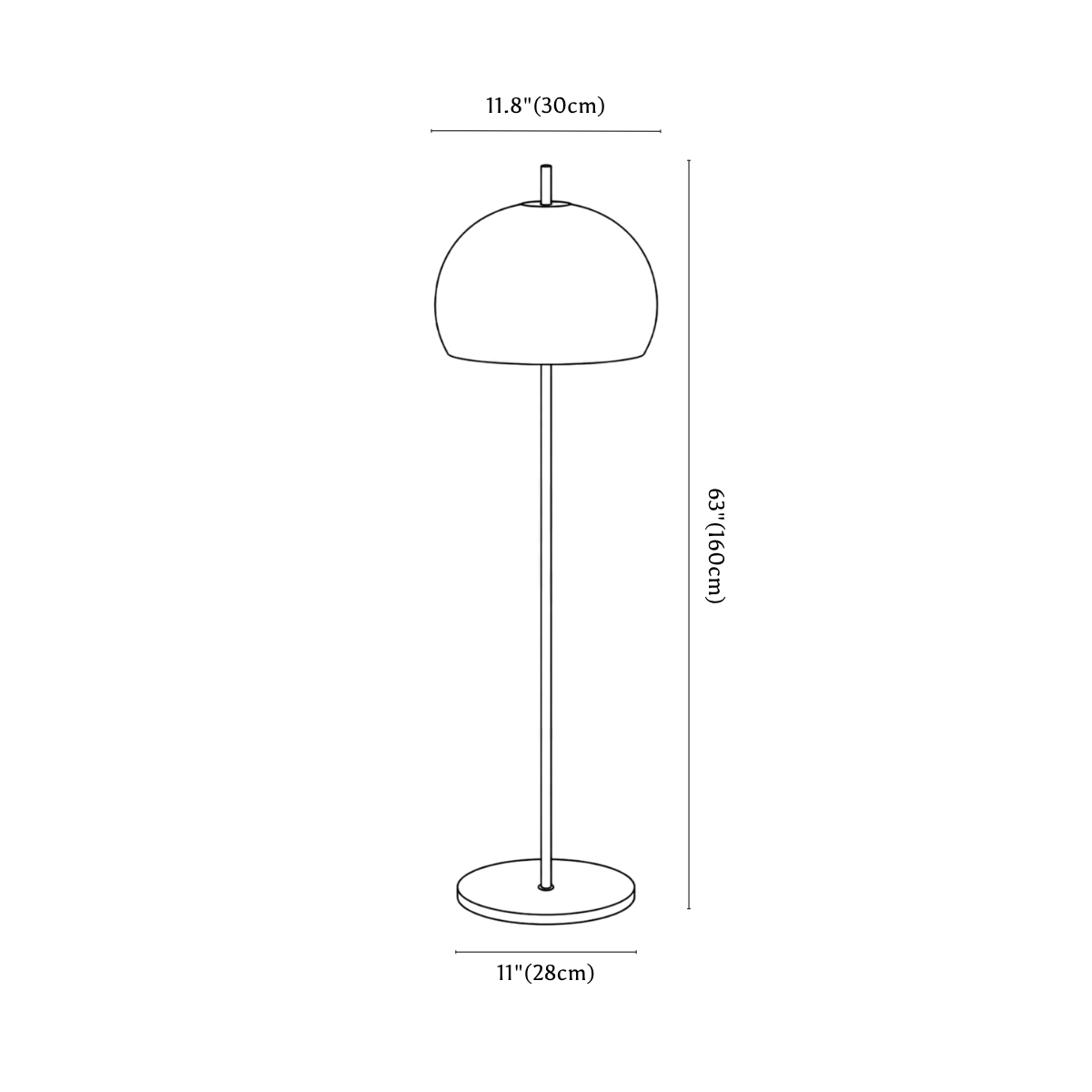 Clérachic floor lamp dimension drawing, every measurement marked in centimetres and inches.