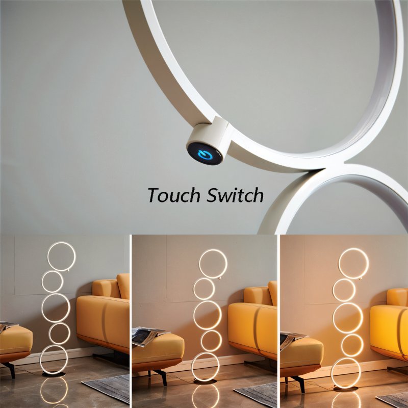 Clérachic white ring floor lamp, close up of its touch switch above three room shots of the lamp at different light levels.