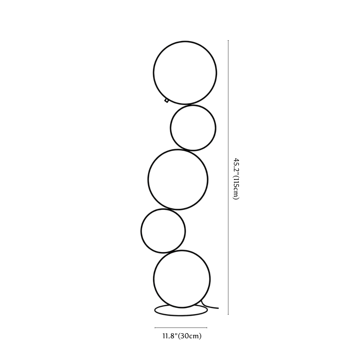 Clérachic floor lamp dimension drawing, 30 × 115 cm - Warm White (3000K), every measurement marked in centimetres and inches.