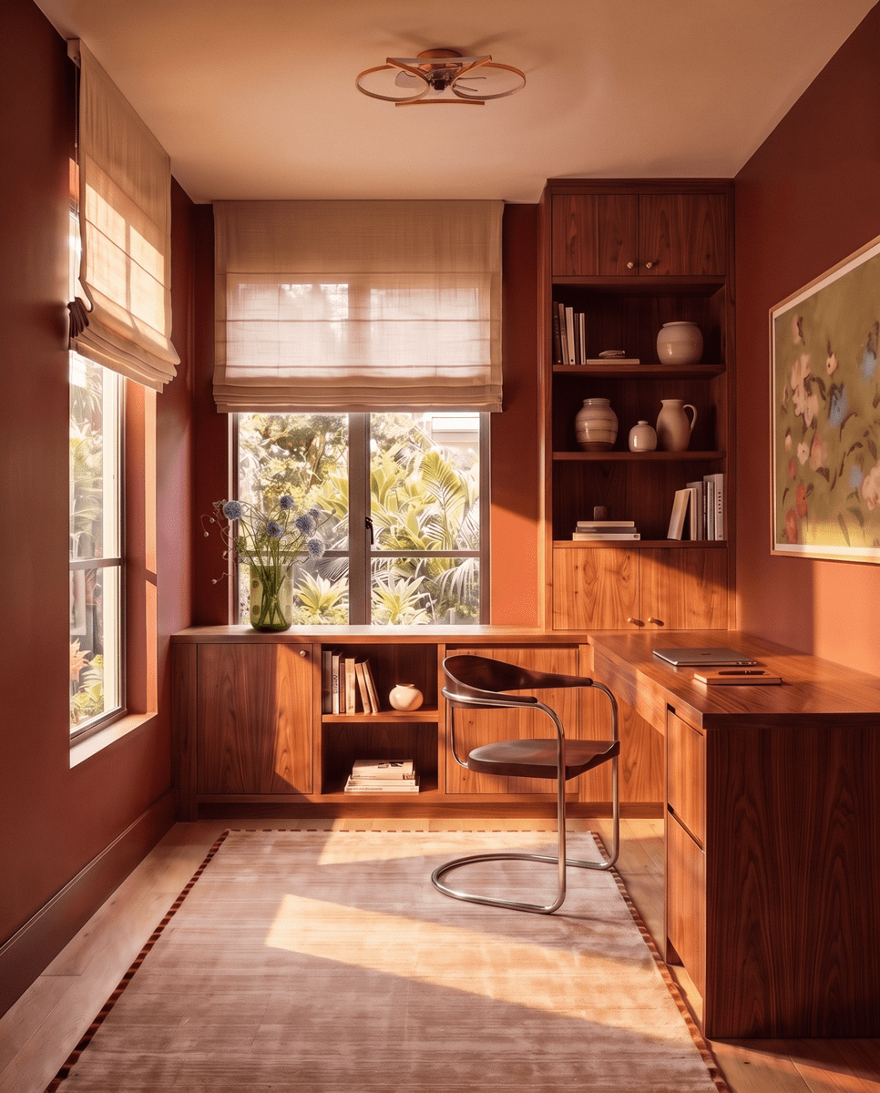 Clérachic ceiling fan with a light seen small on the ceiling of a warm terracotta home office room with a window.