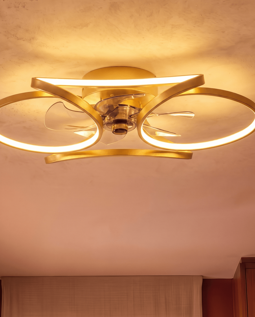 Close up of the Clérachic gold ceiling fan with a light, its looped LED bands glowing warm round the clear fan blades.