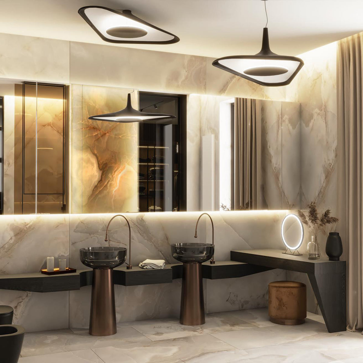 A black pendant with a bright white underside hangs in a marble-walled washroom with twin copper basins and a lit mirror, from Clérachic.