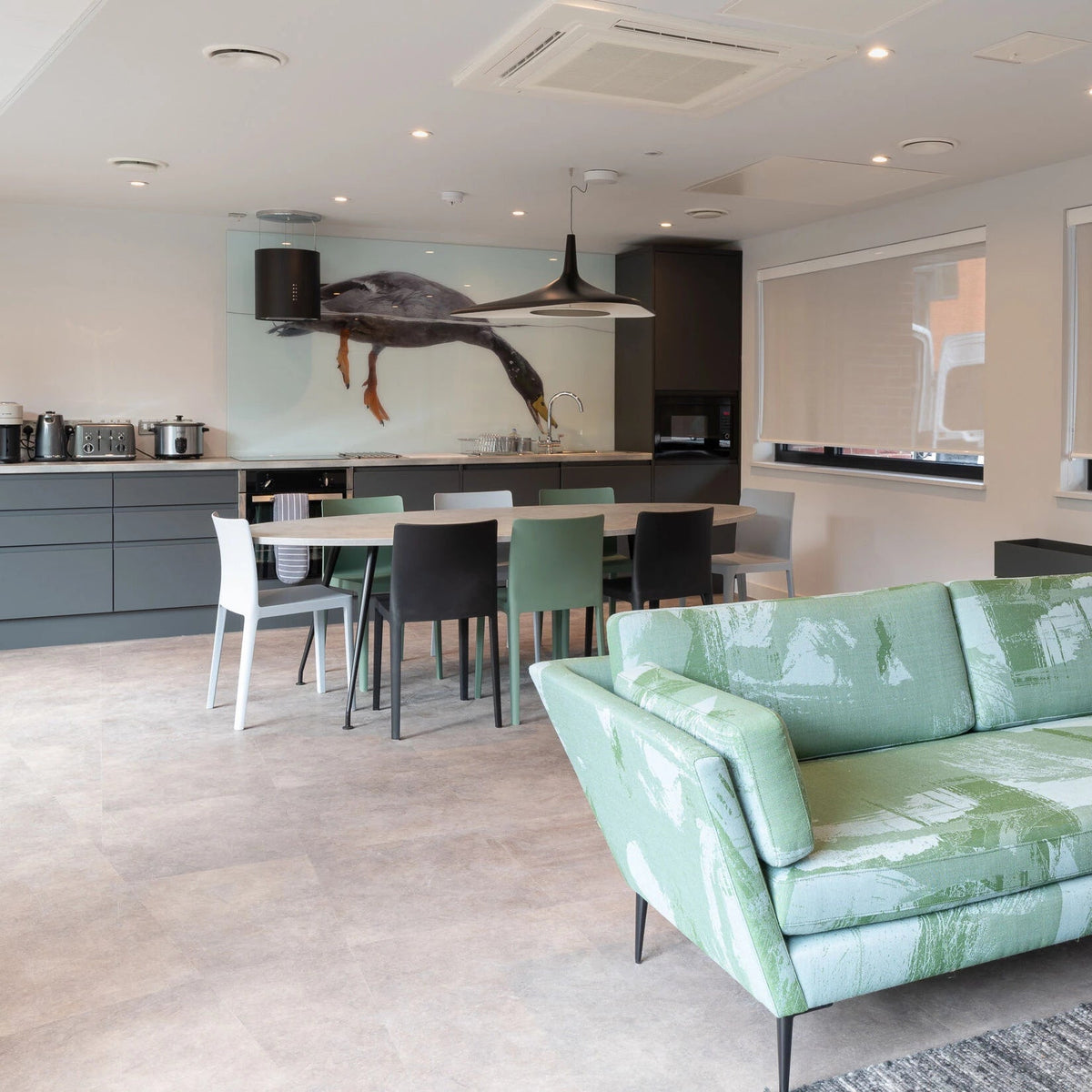 A black disc pendant hangs in a light open-plan kitchen and lounge with a mint-green sofa and a bird mural, from Clérachic.