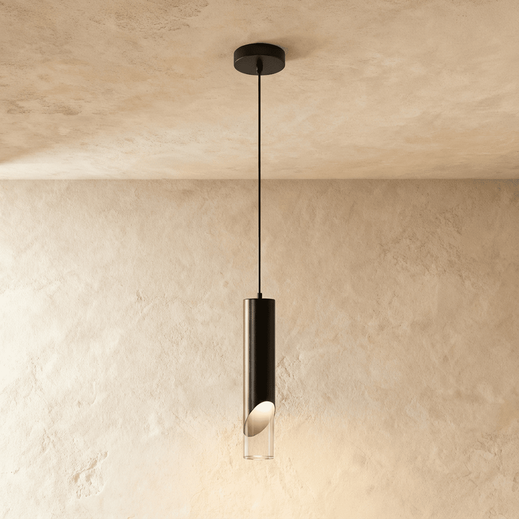 Clérachic single black cylinder pendant with an angled cut and clear glass tip, glowing warmly on a thin black cord.