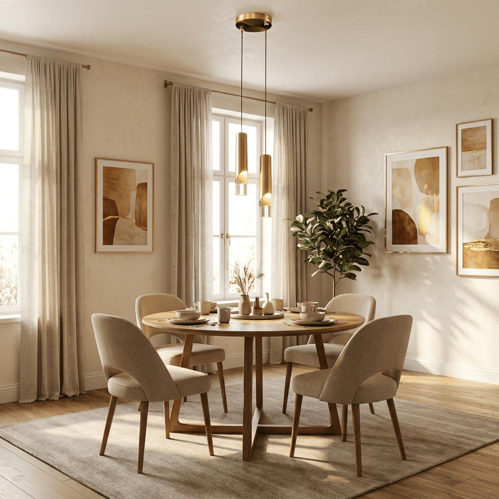 Clérachic two-head gold cylinder pendant above a round wooden dining table with cream chairs in a bright room.
