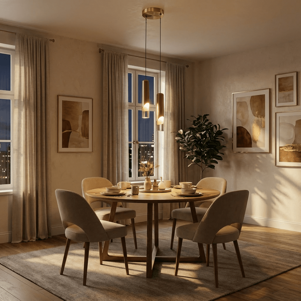 Clérachic two-head gold cylinder pendant glowing warmly over a round dining table at dusk, city lights in the window.