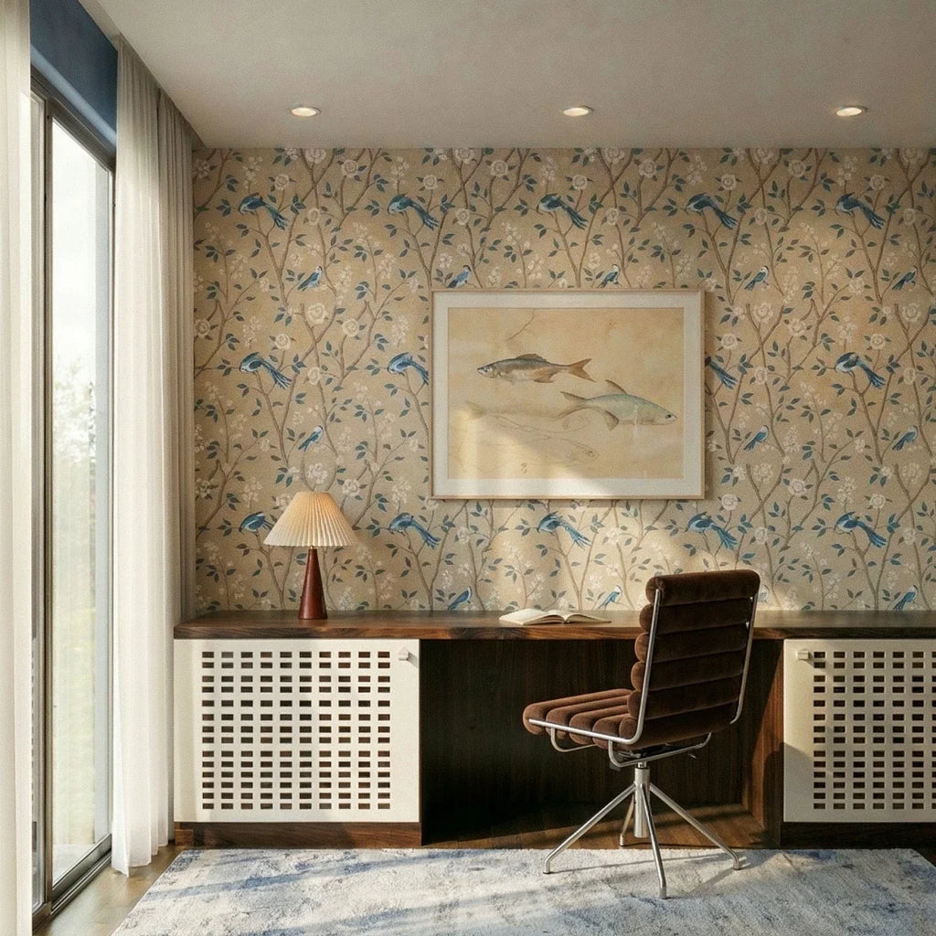 Clérachic white recessed downlights set in a plain ceiling above a bird-print wall, a walnut desk and a pleated-shade table lamp.