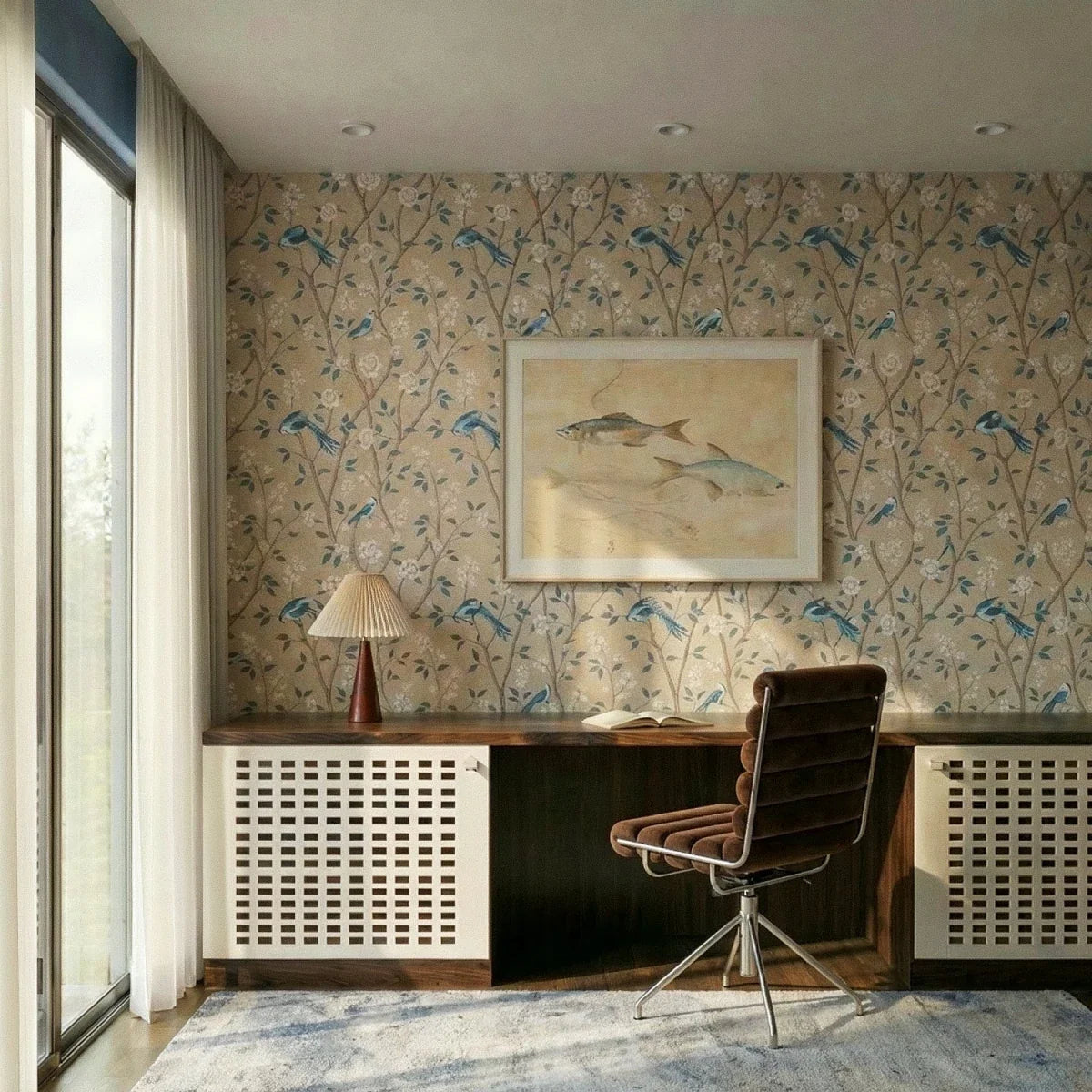 Clérachic recessed downlights in a ceiling above a desk with a pleated table lamp, a framed fish print and a brown leather chair.