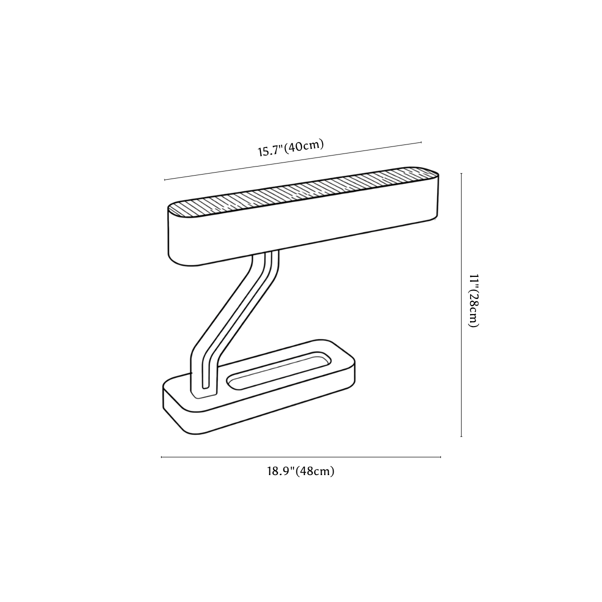 Clérachic table lamp dimension drawing, every measurement marked in centimetres and inches.