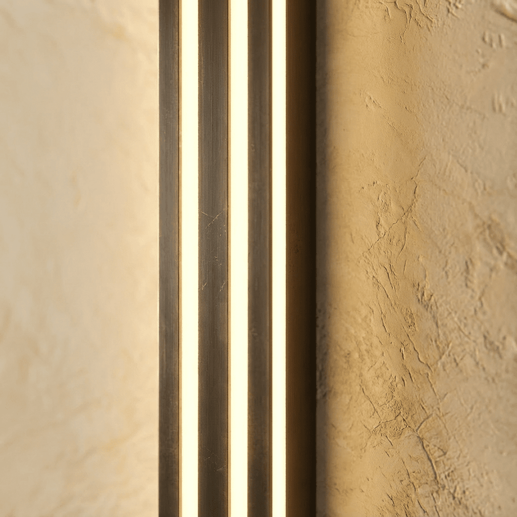 Close view of the Clérachic black fluted bar wall light, three glowing light strips between dark ribbed metal ridges.