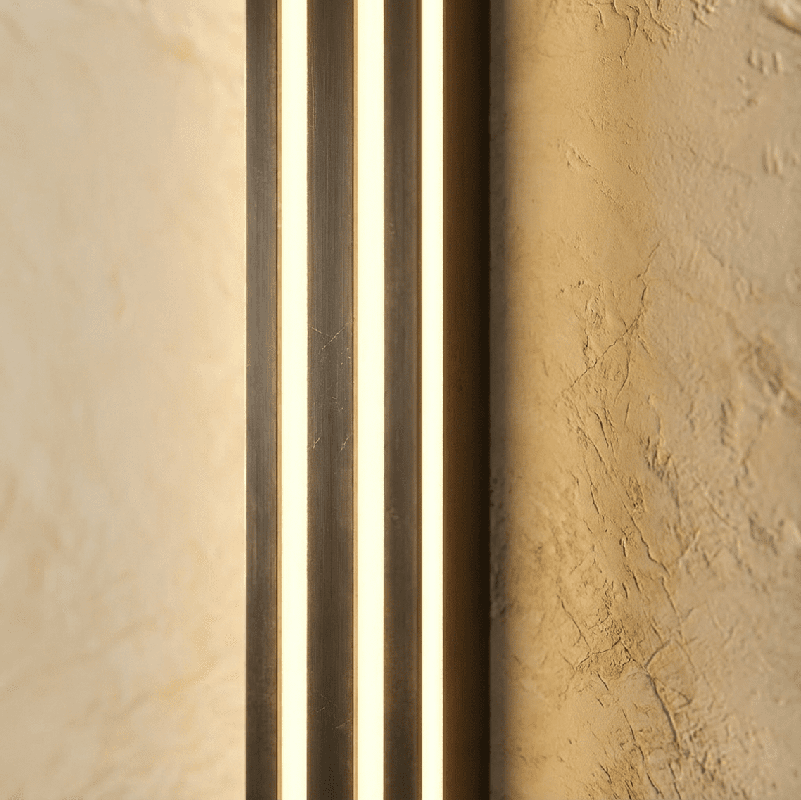 Close view of the Clérachic black fluted bar wall light, three glowing light strips between dark ribbed metal ridges.