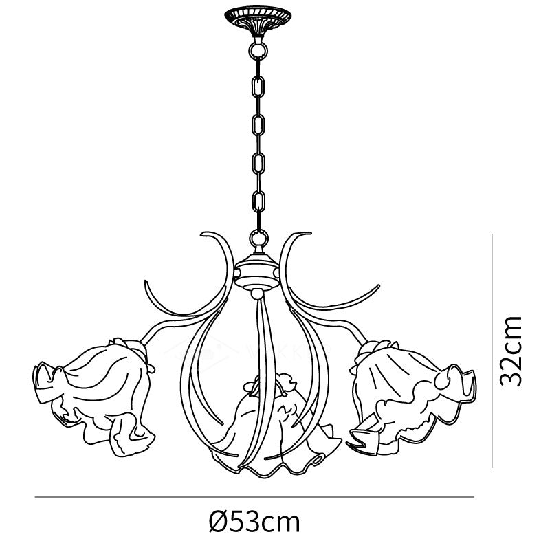 Dimension drawing of the lily of the valley flower chandelier, in outline against white.