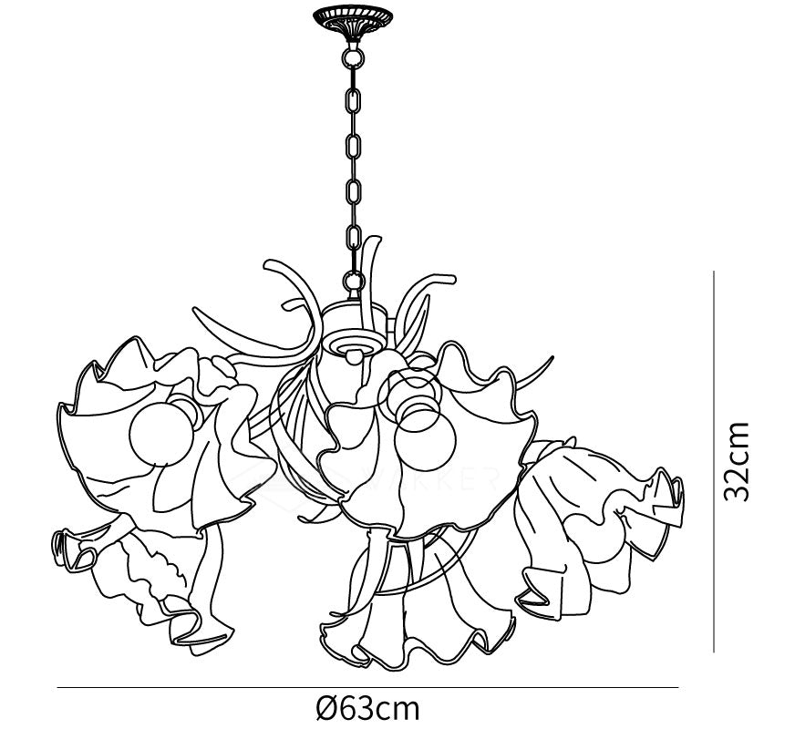 Dimension drawing of the lily of the valley flower chandelier, in outline against white.