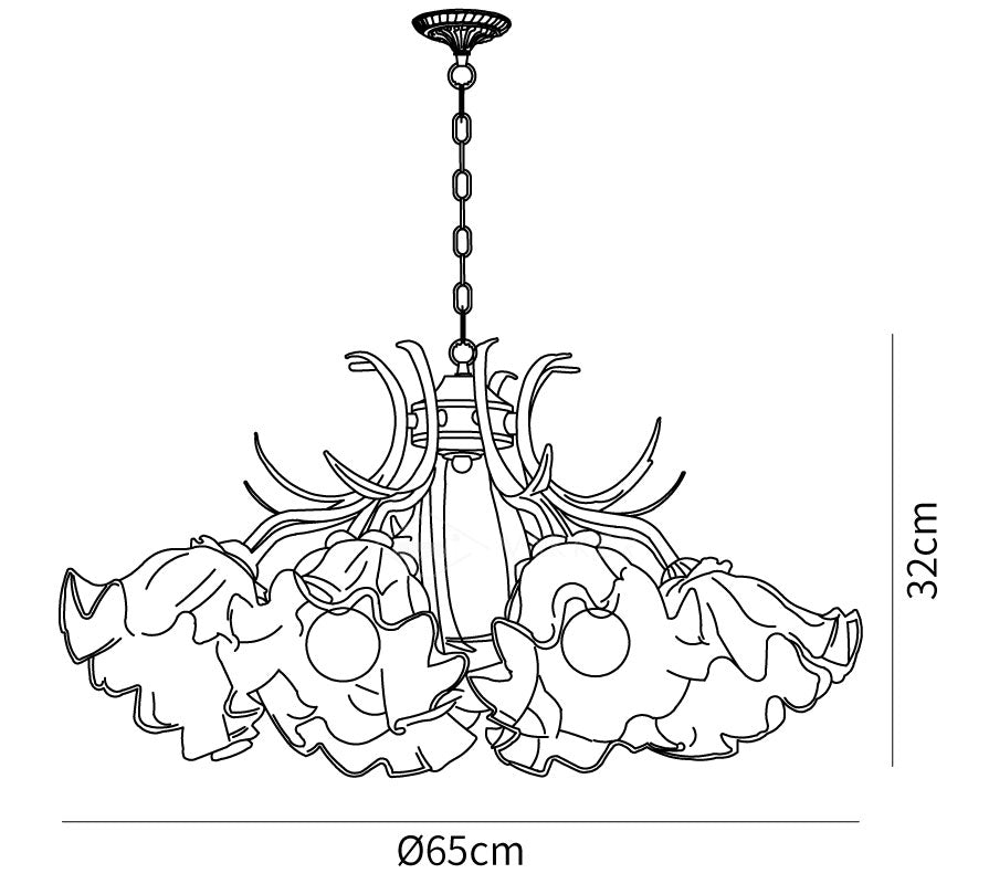 Dimension drawing of the lily of the valley flower chandelier, in outline against white.