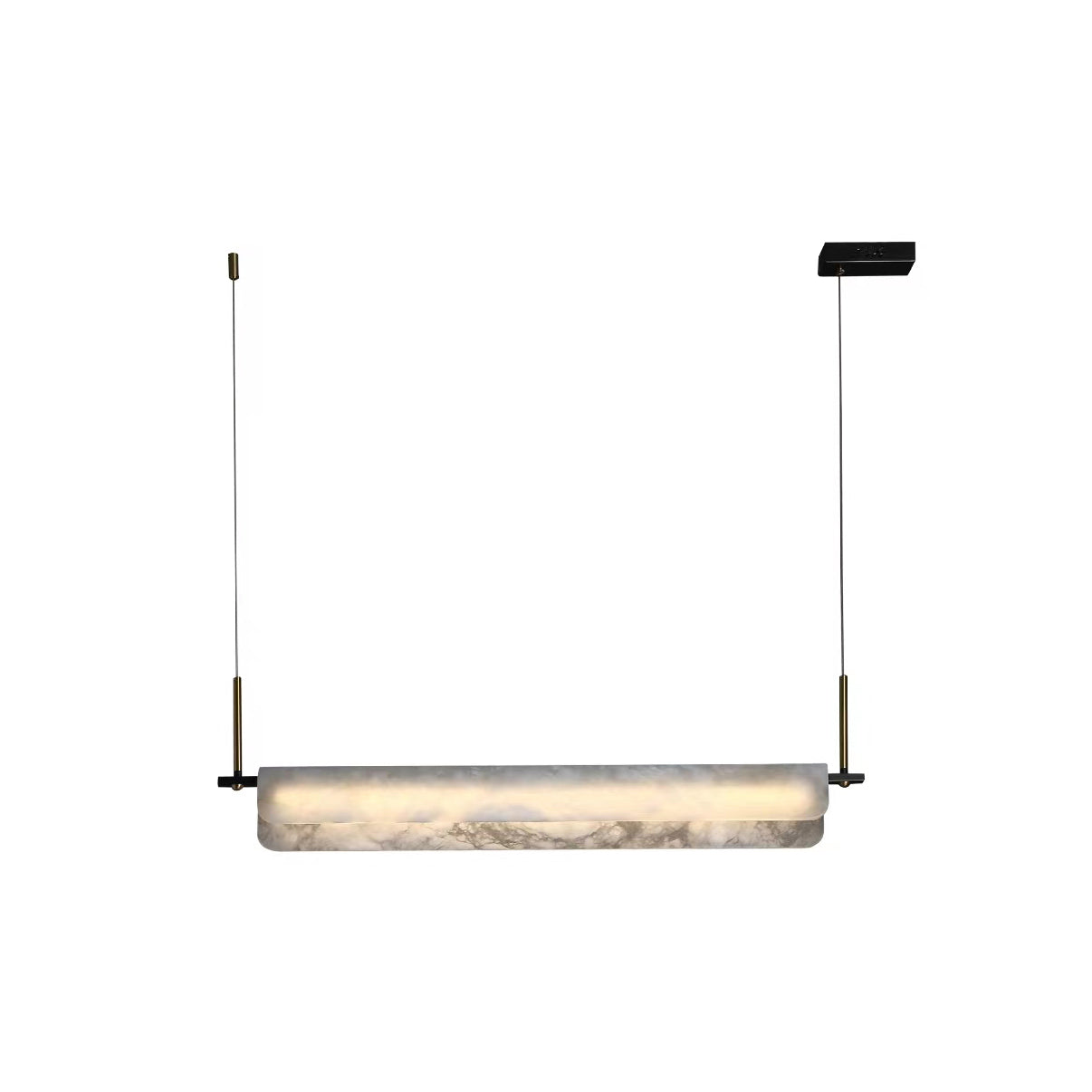 Front view of the Clérachic Linear Alabaster LED Pendant Light against white, the glowing bar suspended between two brass droppers for a dining table.